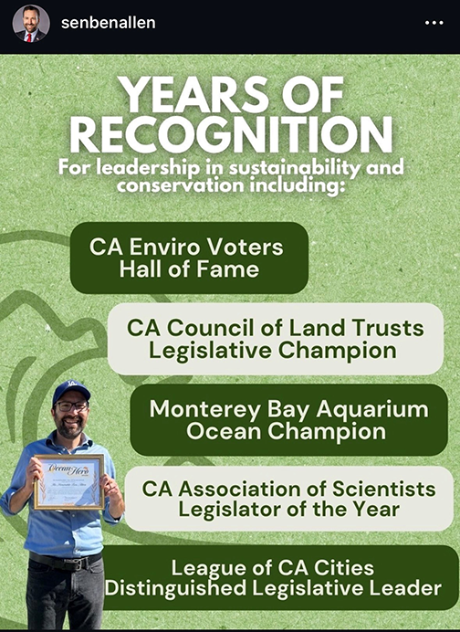 Green background with wave design, Senator Allen standing with framed award highlighting years of recognition